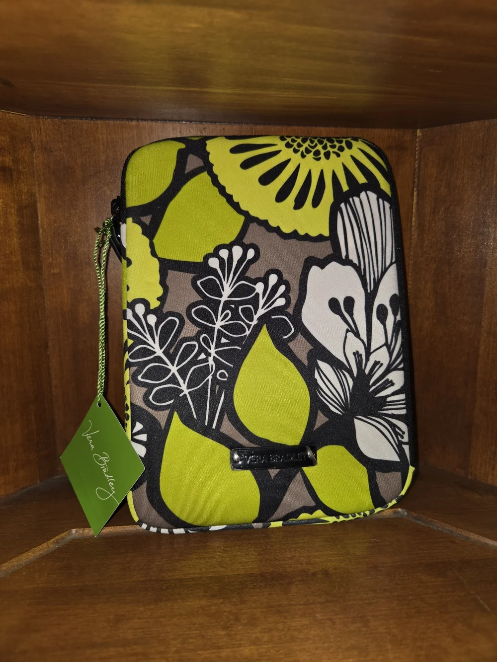 Vera Bradley Lime Green and Black Floral Quilted Tech Sleeve